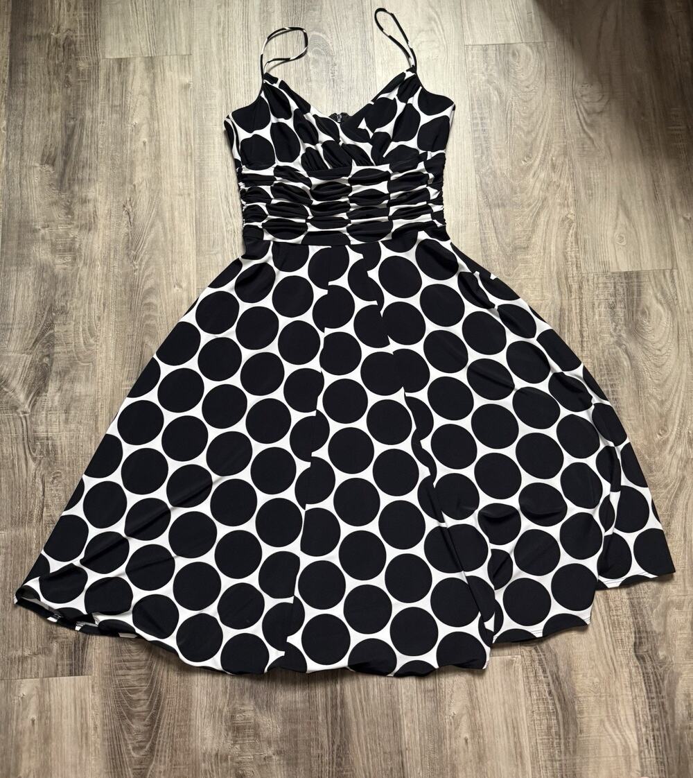 Anne Klein Black White Polka Dot Fit & Flare Midi Dress Ruched Size 4